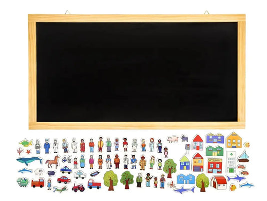 Blackboard with wooden frame and colorful magnetic pieces below.