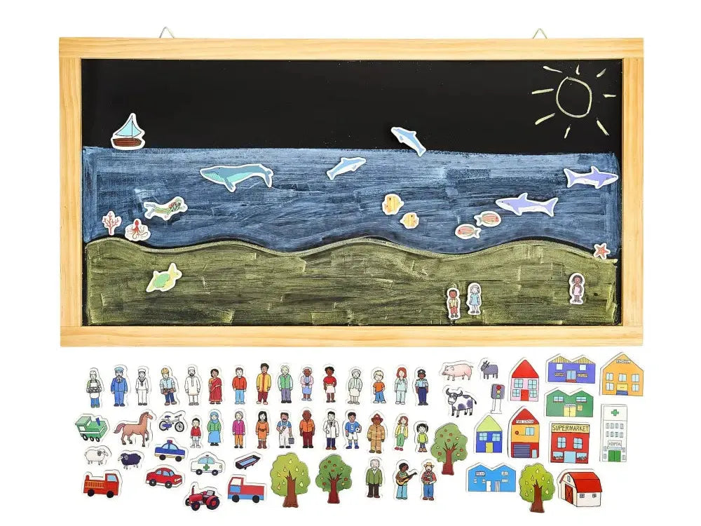 Magnetic board with ocean scene and various detachable figures and objects.