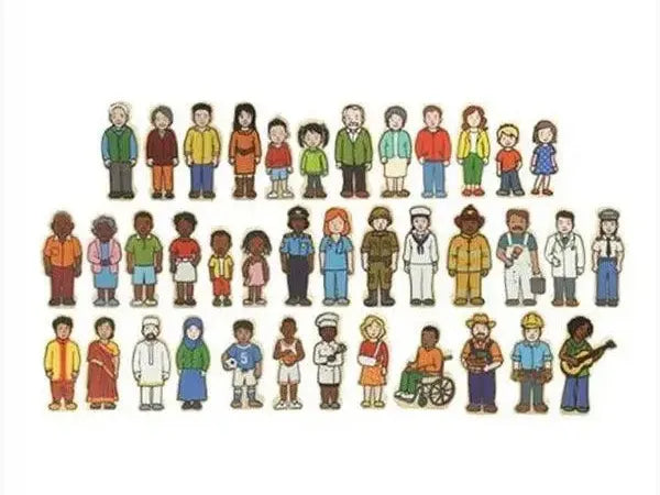 Collection of diverse cartoon characters representing different ethnicities, ages, and occupations.