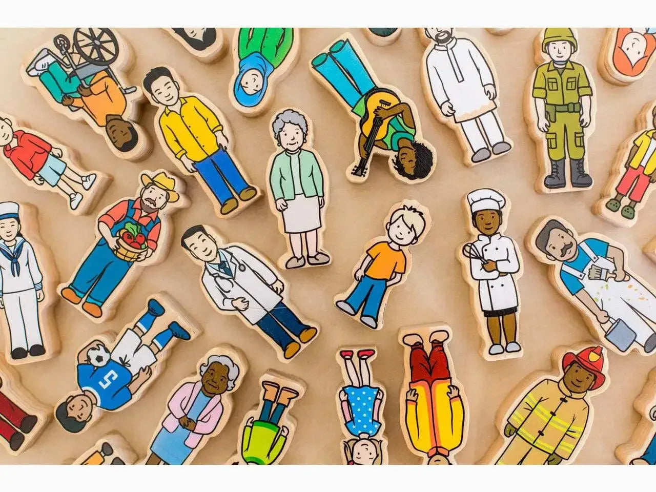 Collection of diverse cartoon character cutouts representing different professions and people.
