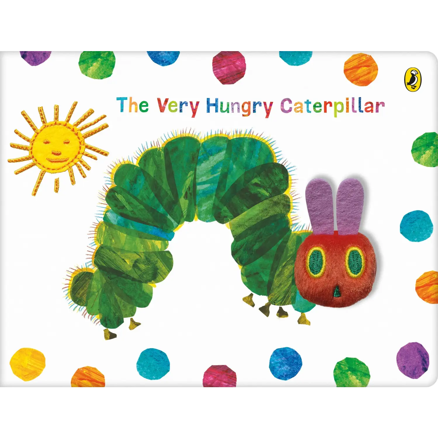 Green caterpillar with a red head and purple antennae.