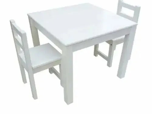 White wooden table and chairs.