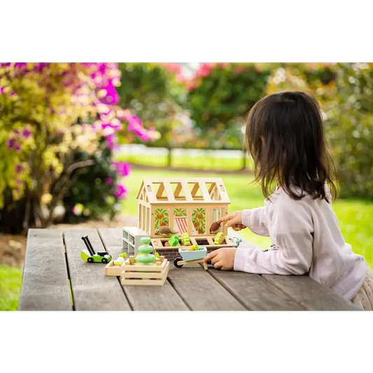 Wooden toy greenhouse.