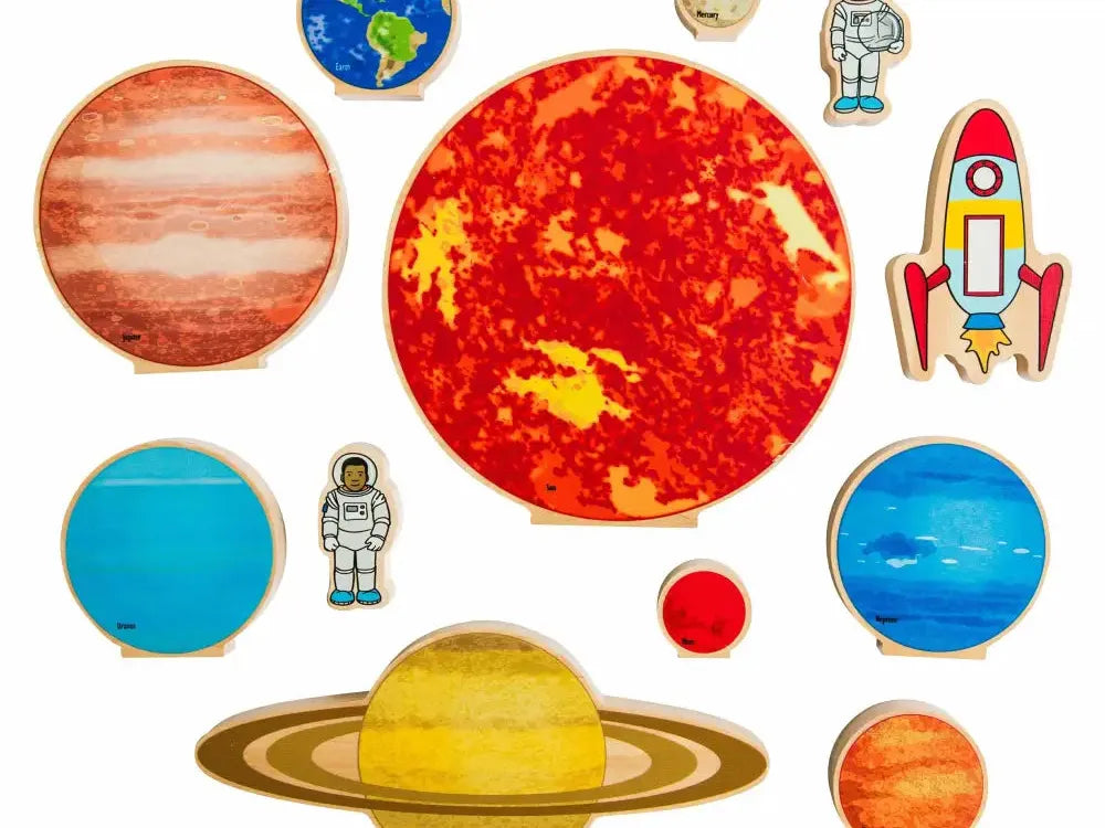 Collection of colorful wooden or cardboard cutouts depicting planets, astronauts, and a rocket from our solar system.