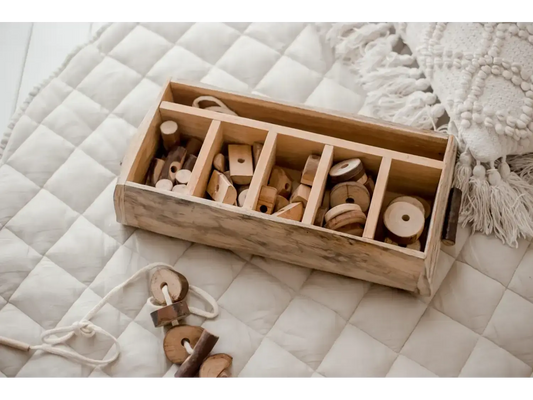 Wooden box with compartments containing various wooden toys and shapes.