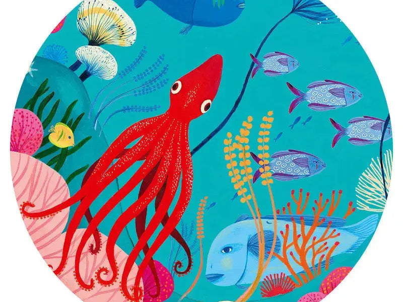 Vibrant underwater scene featuring a red octopus among colorful sea creatures and coral.