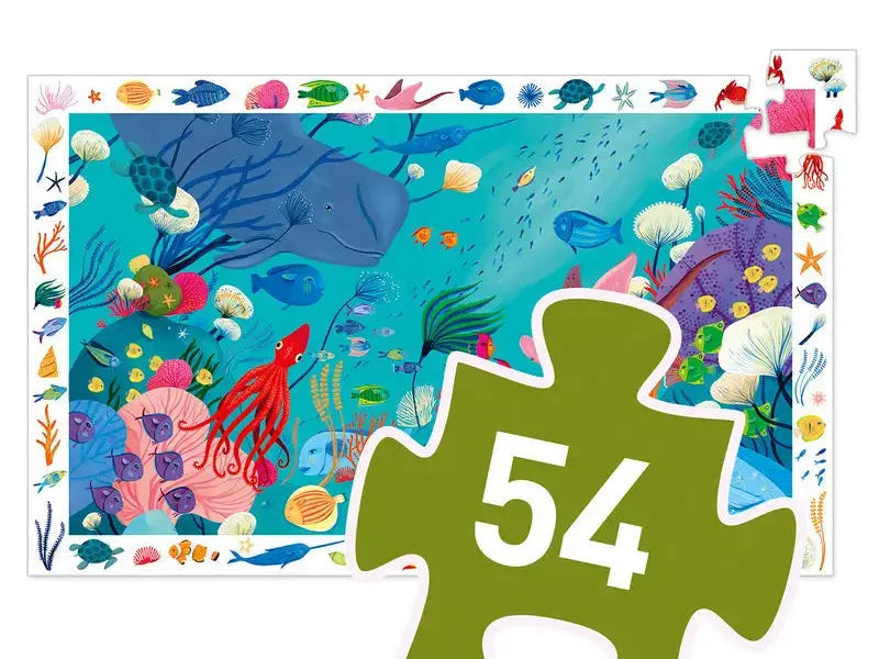 Colorful underwater scene puzzle with a green puzzle piece showing the number 54.
