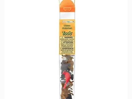 Transparent tube containing small plastic animal figurines with an orange cap and handle.