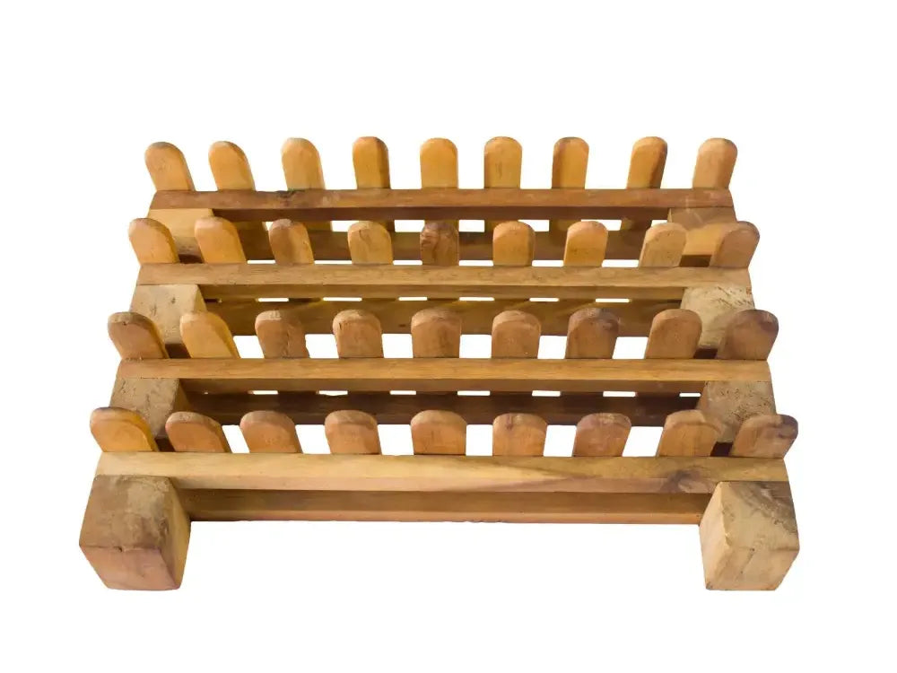 Wooden rack with multiple horizontal bars supported by vertical end pieces.
