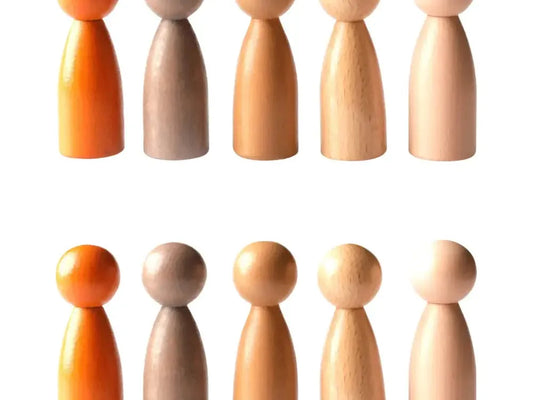 Wooden peg dolls in various shades of brown and orange arranged in two rows.