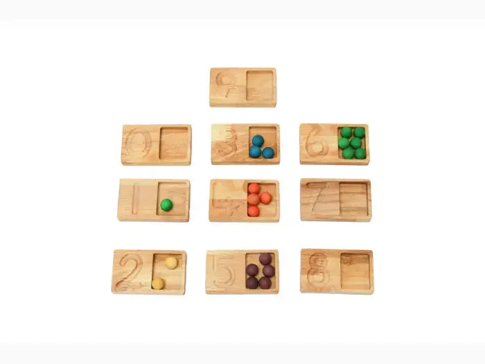 Wooden number counting trays with colorful balls.