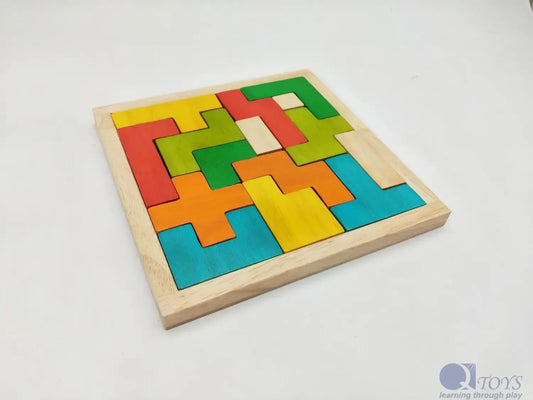 Wooden puzzle with colorful geometric pieces arranged in a square frame.