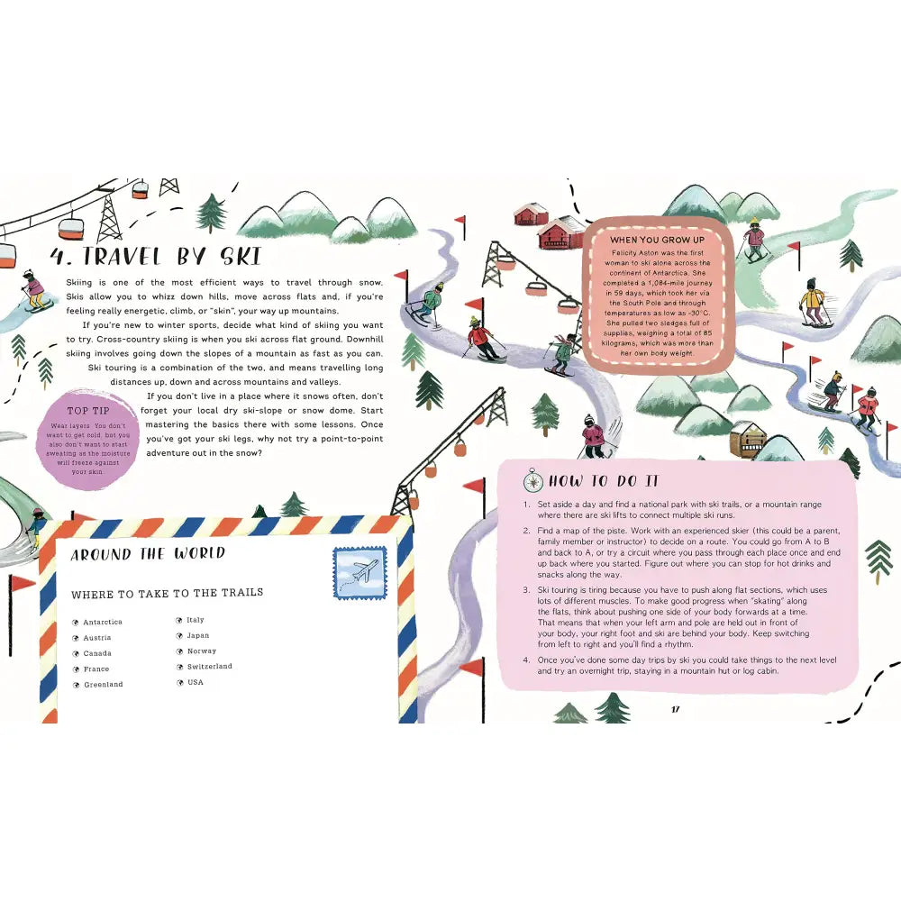 Illustrated page spread about winter activities and travel, featuring colorful drawings and informational text boxes.