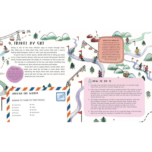 Illustrated page spread about winter activities and travel, featuring colorful drawings and informational text boxes.