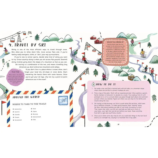 Illustrated page spread about winter activities and travel, featuring colorful drawings and informational text boxes.