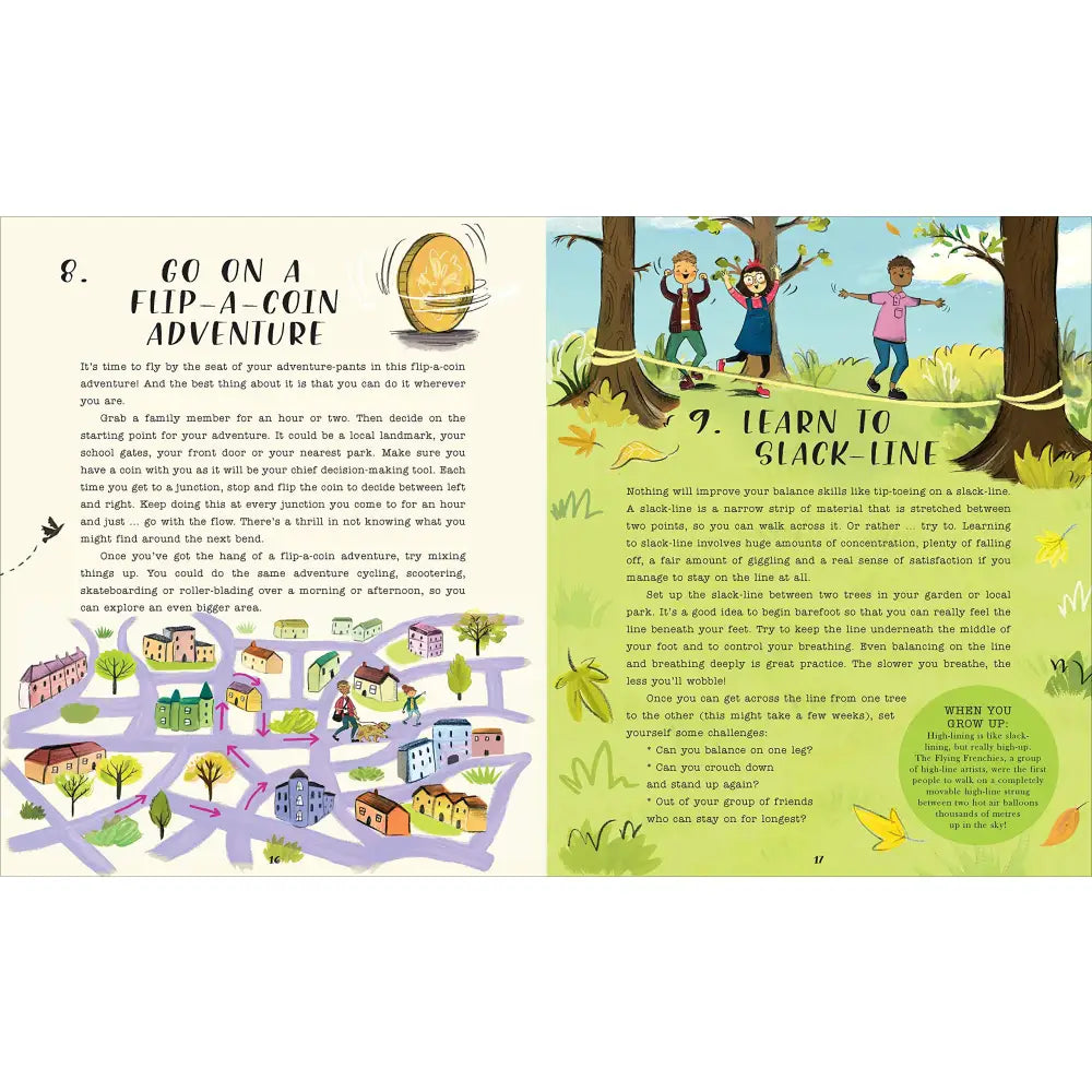 Two-page spread from a children’s activity or adventure book featuring colorful illustrations and text about outdoor activities.