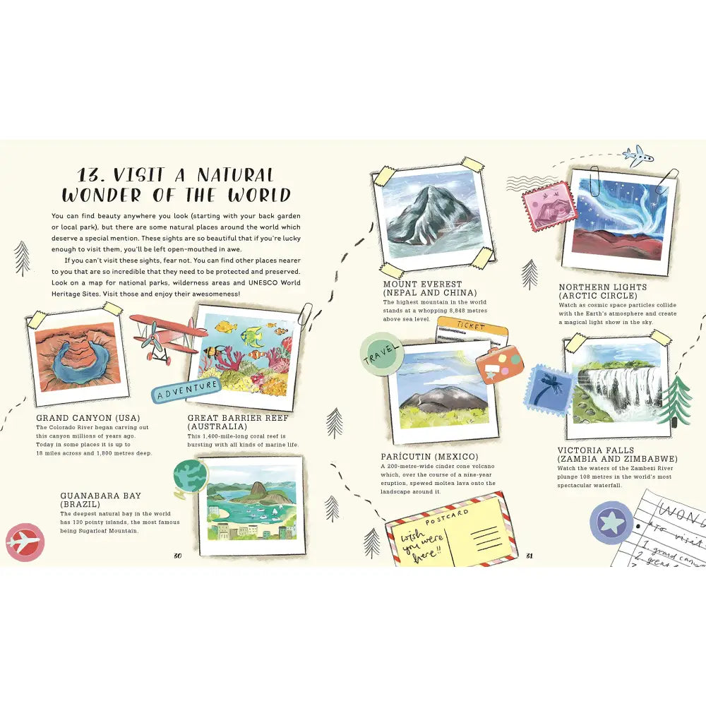 Illustrated travel guide showcasing 15 natural wonders of the world with sketches and descriptions.