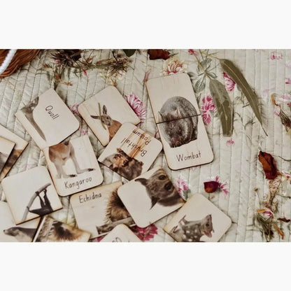 Collection of animal-themed cards or photographs scattered on a floral fabric surface.