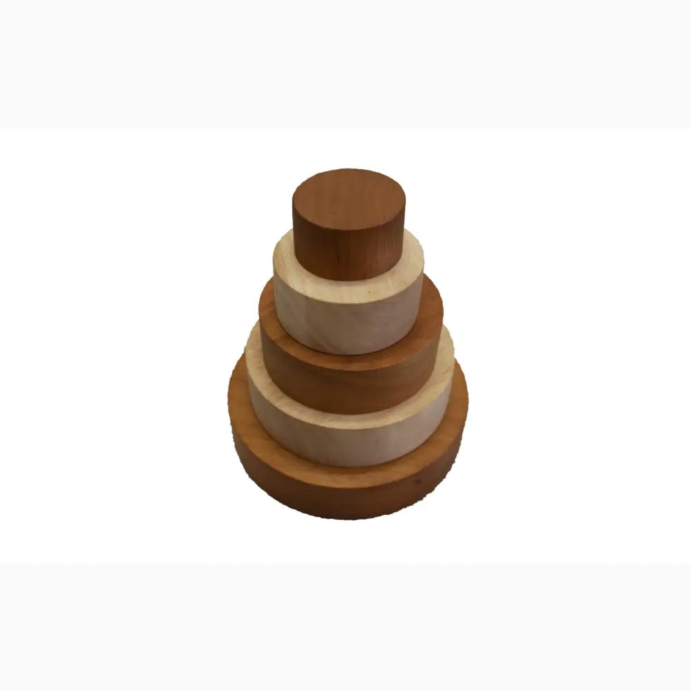 Wooden stacking toy with circular discs in varying shades of brown.