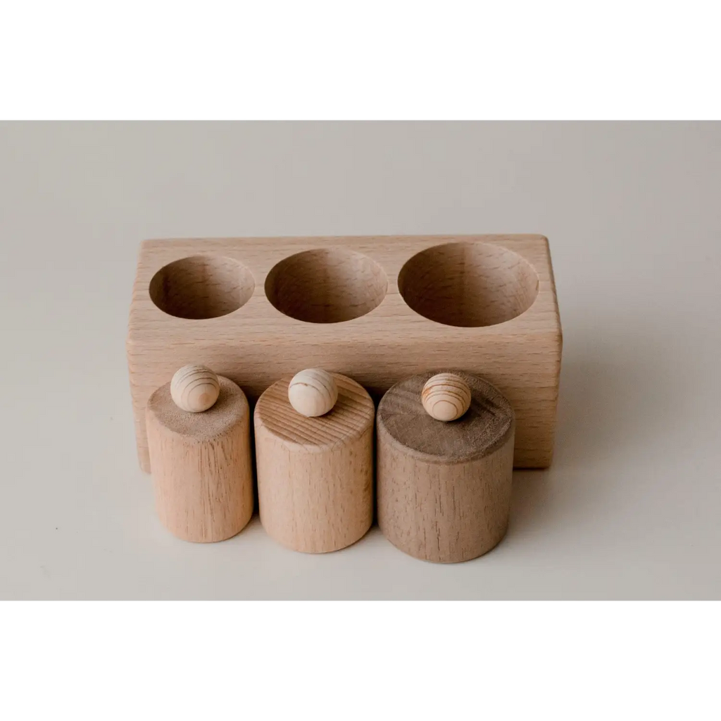 Wooden toy or educational tool with cylindrical pieces and matching holes.