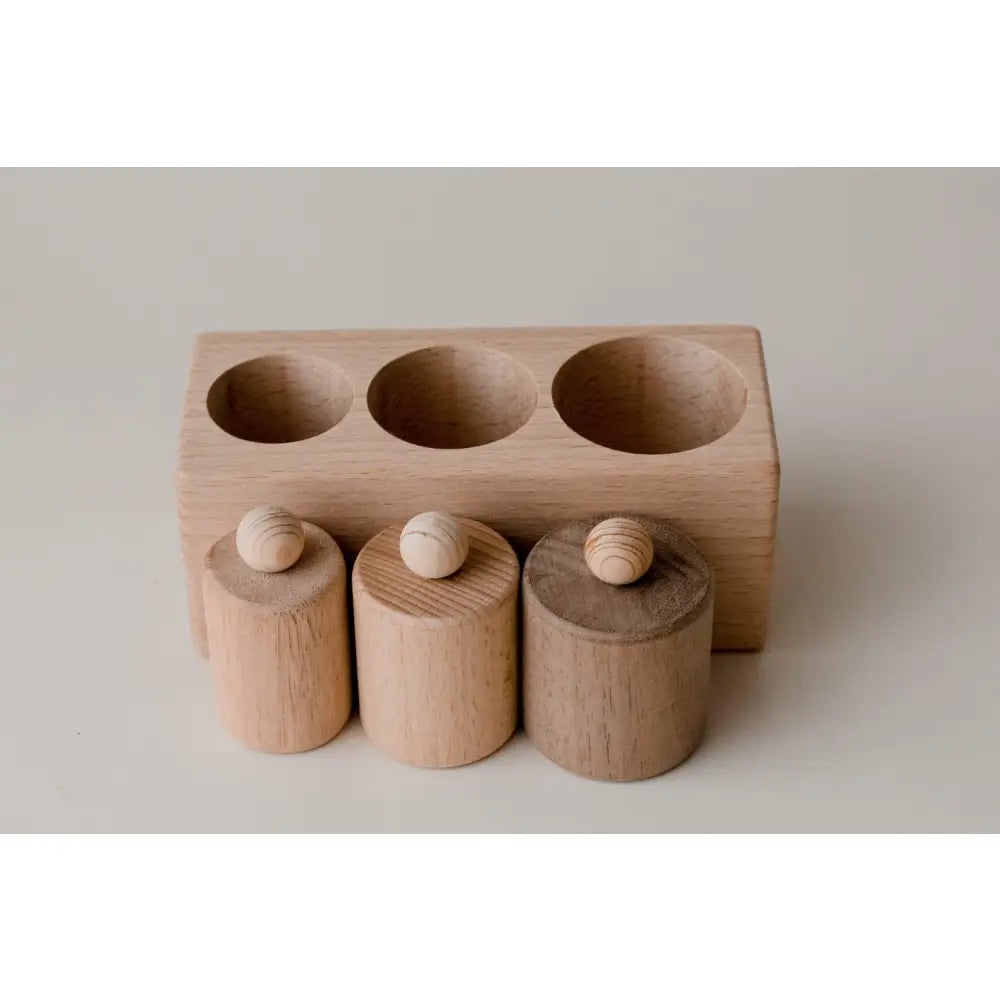 Wooden toy or educational tool with cylindrical pieces and matching holes.