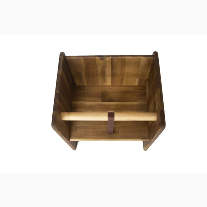 Wooden open-sided box or crate with a horizontal divider.