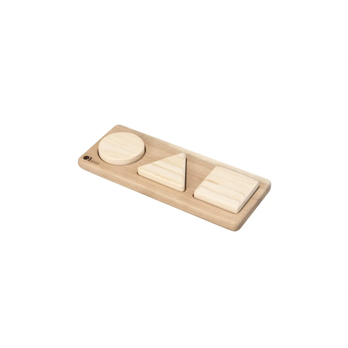 Wooden board with three geometric shapes: a circle, triangle, and square.