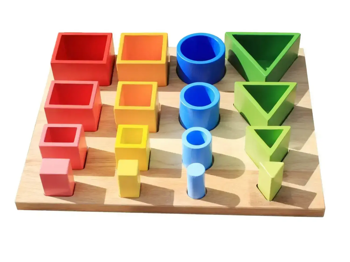 Wooden educational toy with colorful geometric shapes arranged in descending size order.