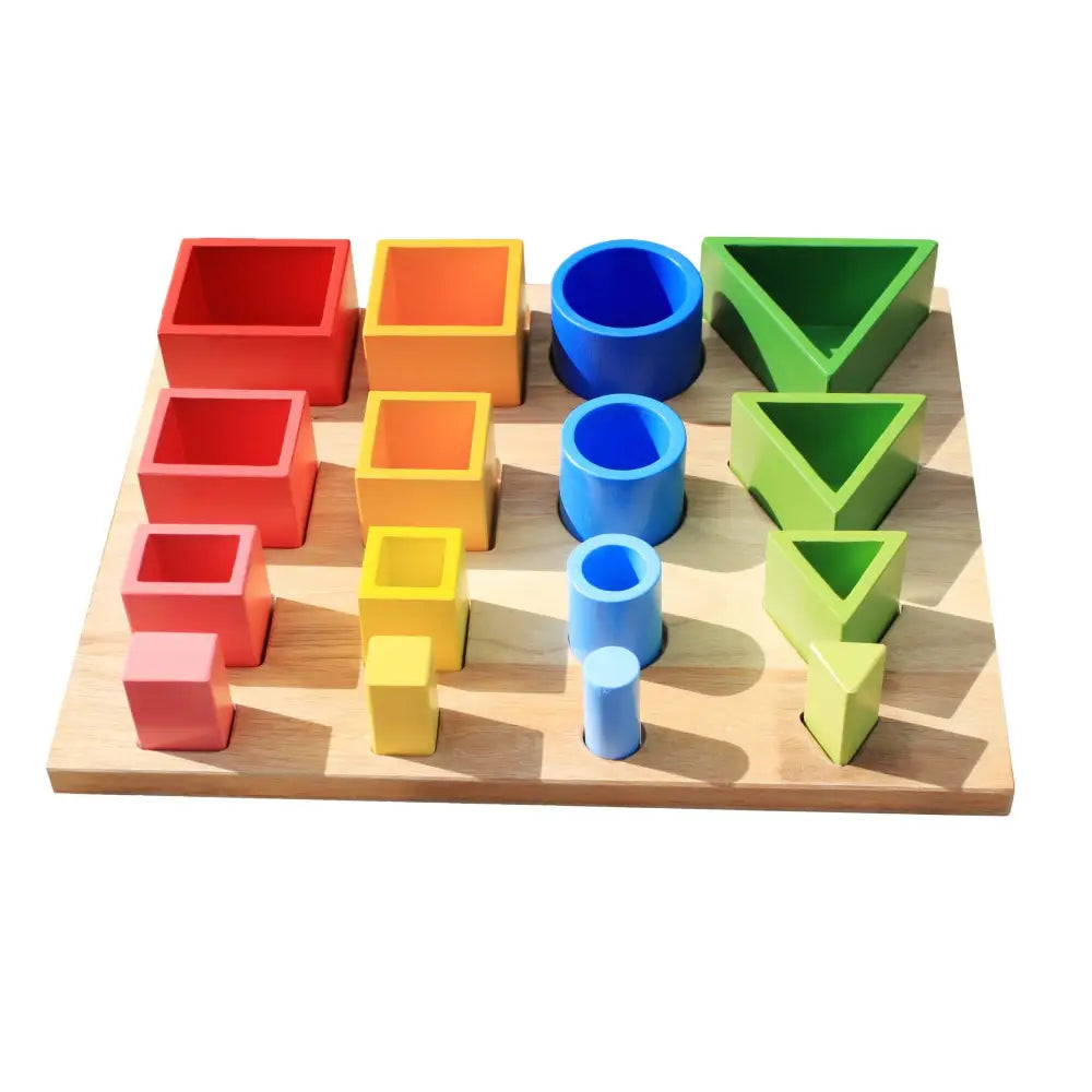 Wooden educational toy with colorful geometric shapes arranged in descending size order.