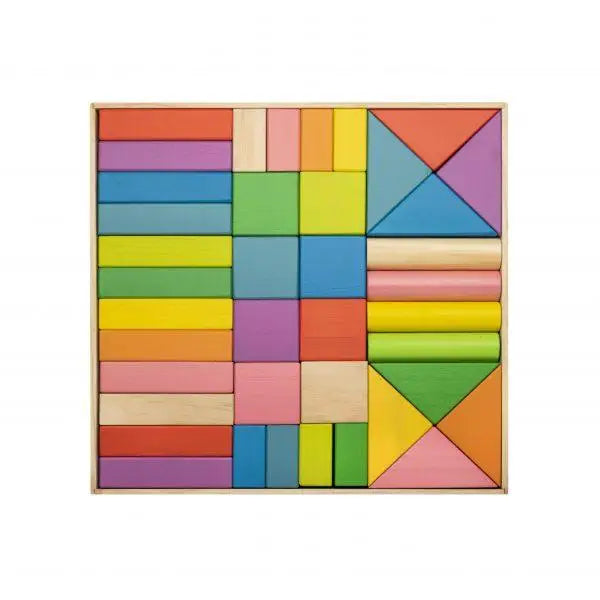 Colorful wooden block puzzle set with various geometric shapes and patterns.