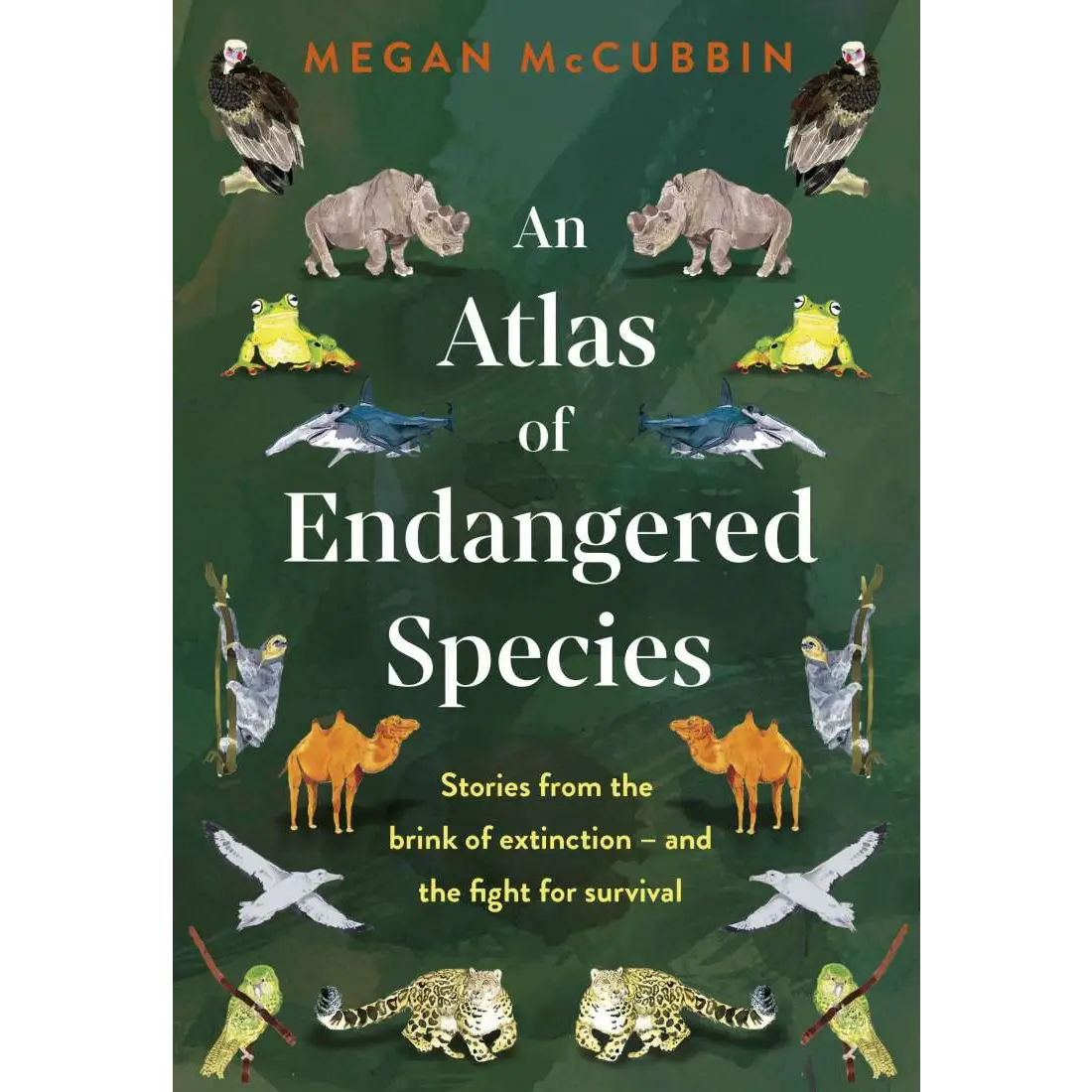 Book cover titled ’An Atlas of Endangered Species’ by Megan McCubbin, featuring illustrations of various animals.