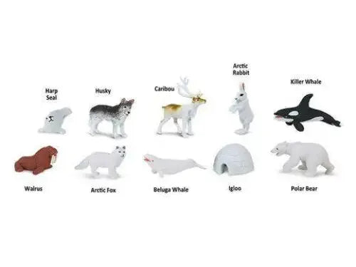 Collection of Arctic animal figurines with labels identifying each species.