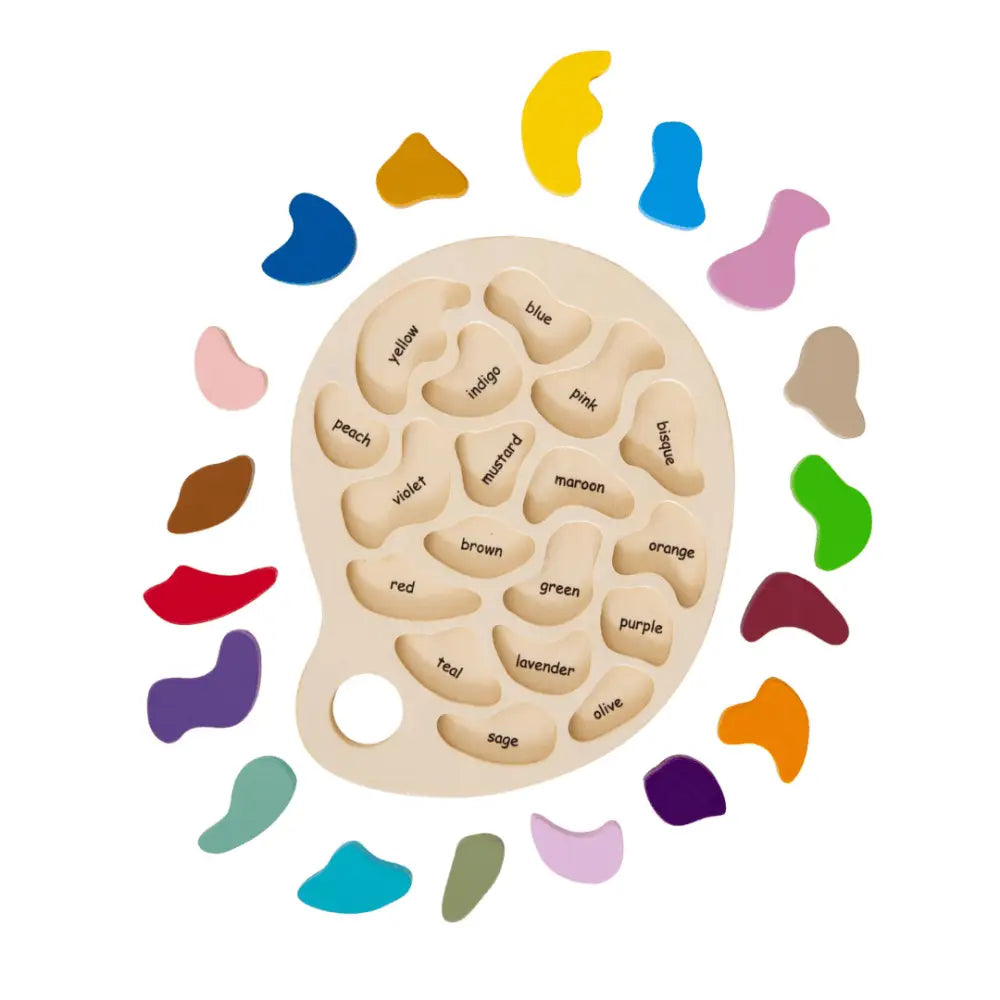 Wooden brain-shaped puzzle with labeled parts surrounded by colorful abstract shapes.