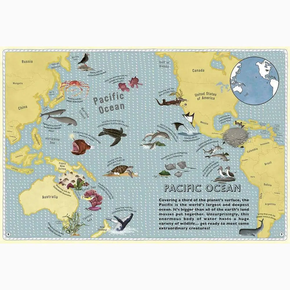 Map of the Pacific Ocean showing various marine animals and geographic features.