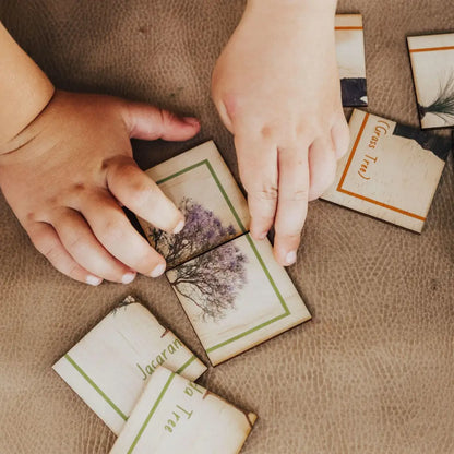 Hands arranging small cards or tags with a tree design.