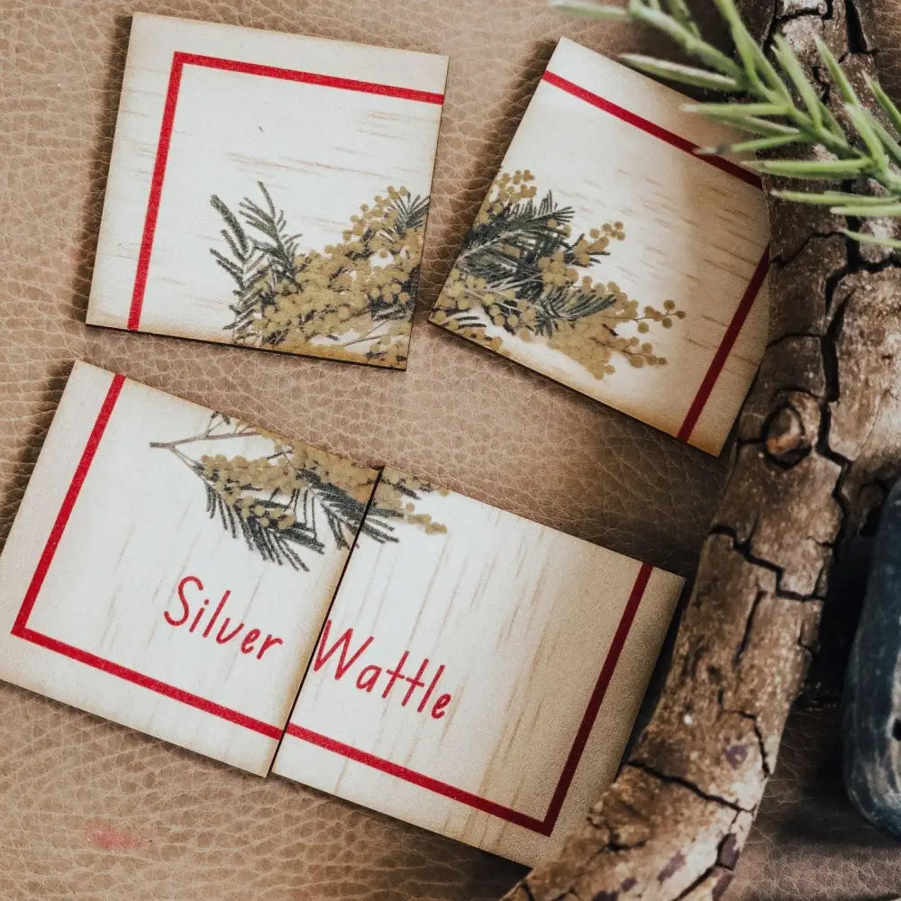 Broken wooden plaque with dried flowers and ’Silver Wattle’ text.