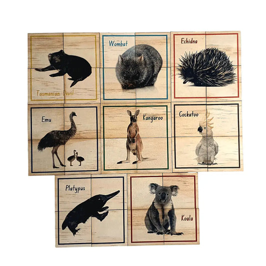 Set of wooden tiles featuring illustrations of various Australian animals with their names.