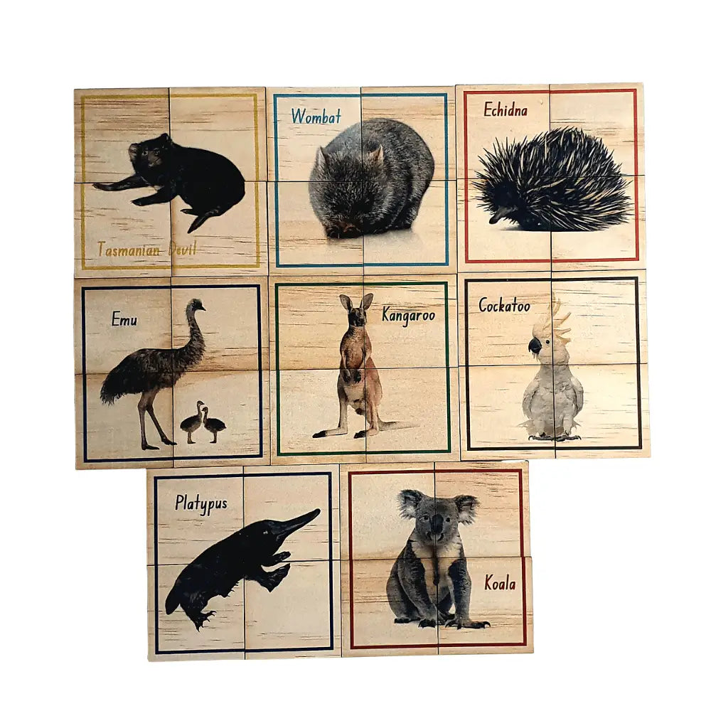 Set of wooden tiles featuring illustrations of various Australian animals with their names.