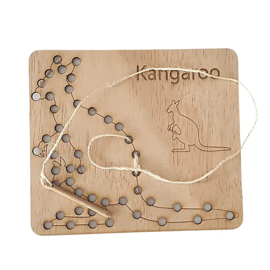 Wooden board with holes and a string for tracing a kangaroo shape.