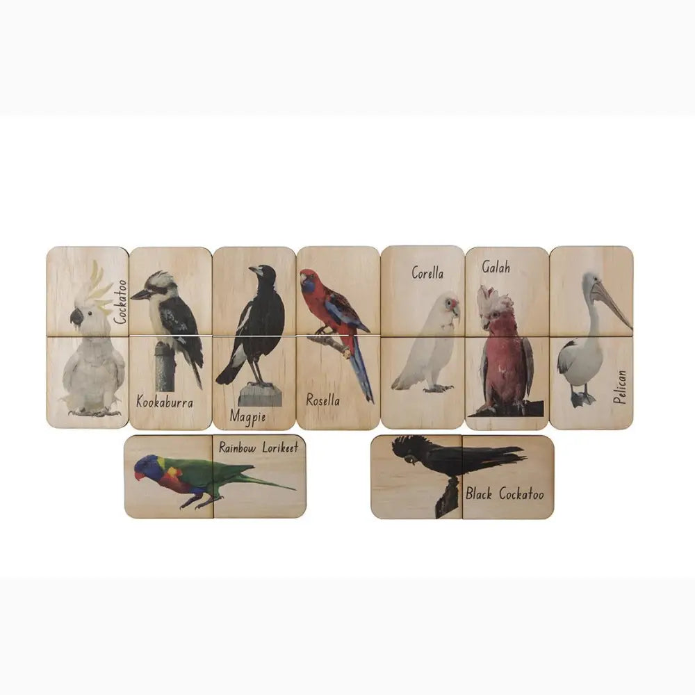 Set of wooden tiles or cards featuring illustrations of various Australian birds.