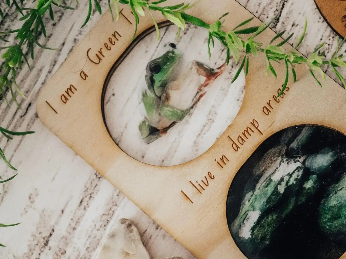 Wooden board with circular cutouts containing nature-themed images and text.