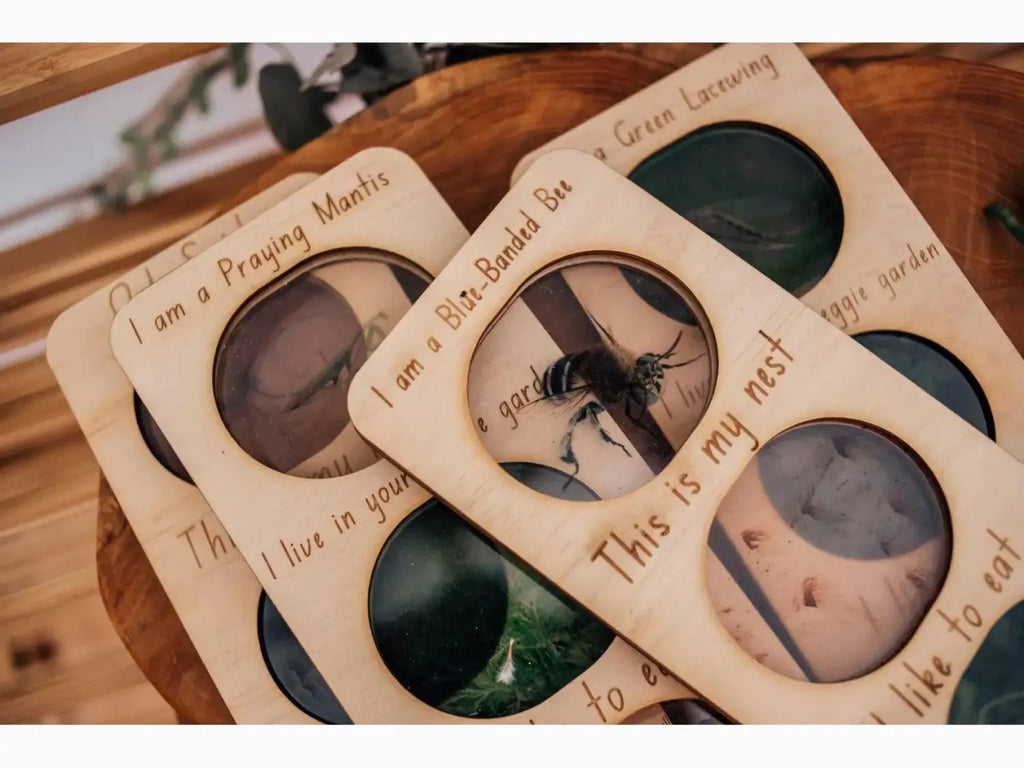 Wooden board with circular cutouts containing various objects and inspirational phrases.
