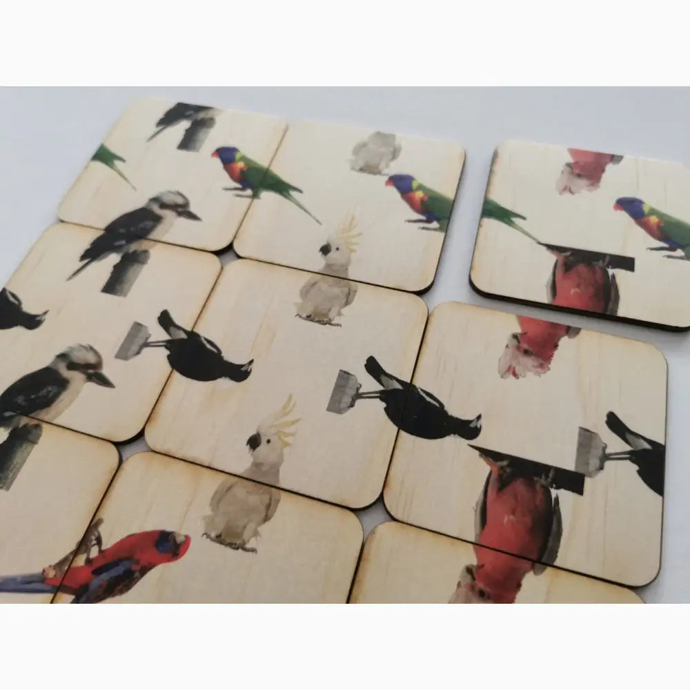 Set of square coasters featuring various bird illustrations.