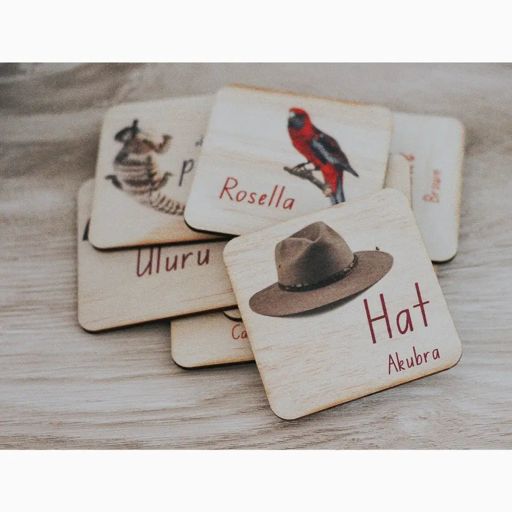 Wooden flashcards featuring Australian-themed words and illustrations.