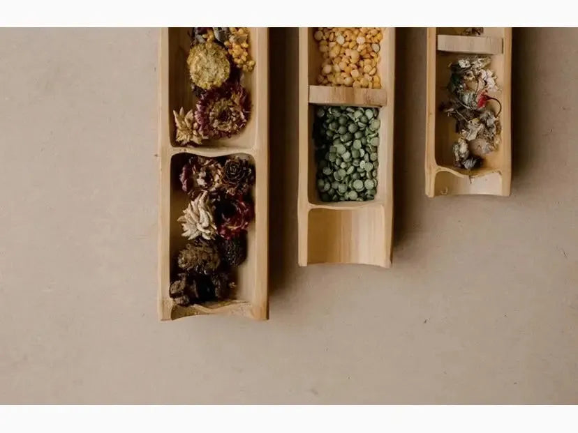 Bamboo wall planters with dried botanicals.