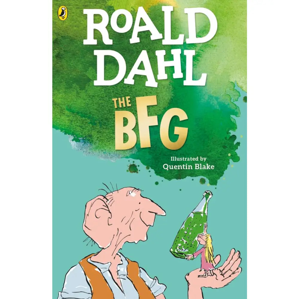 Book cover for Roald Dahl’s ’The BFG’ featuring an illustration of a giant holding a small bottle with a tiny person inside.