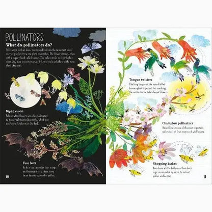 Illustrated book spread about pollinators and their roles in nature.