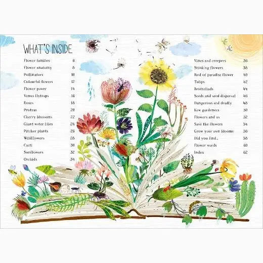 Illustrated table of contents featuring colorful botanical drawings sprouting from an open book.