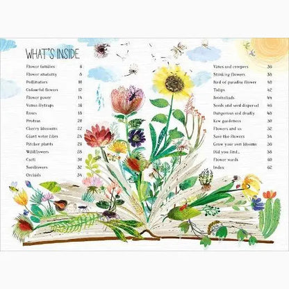 Illustrated table of contents featuring colorful botanical drawings sprouting from an open book.
