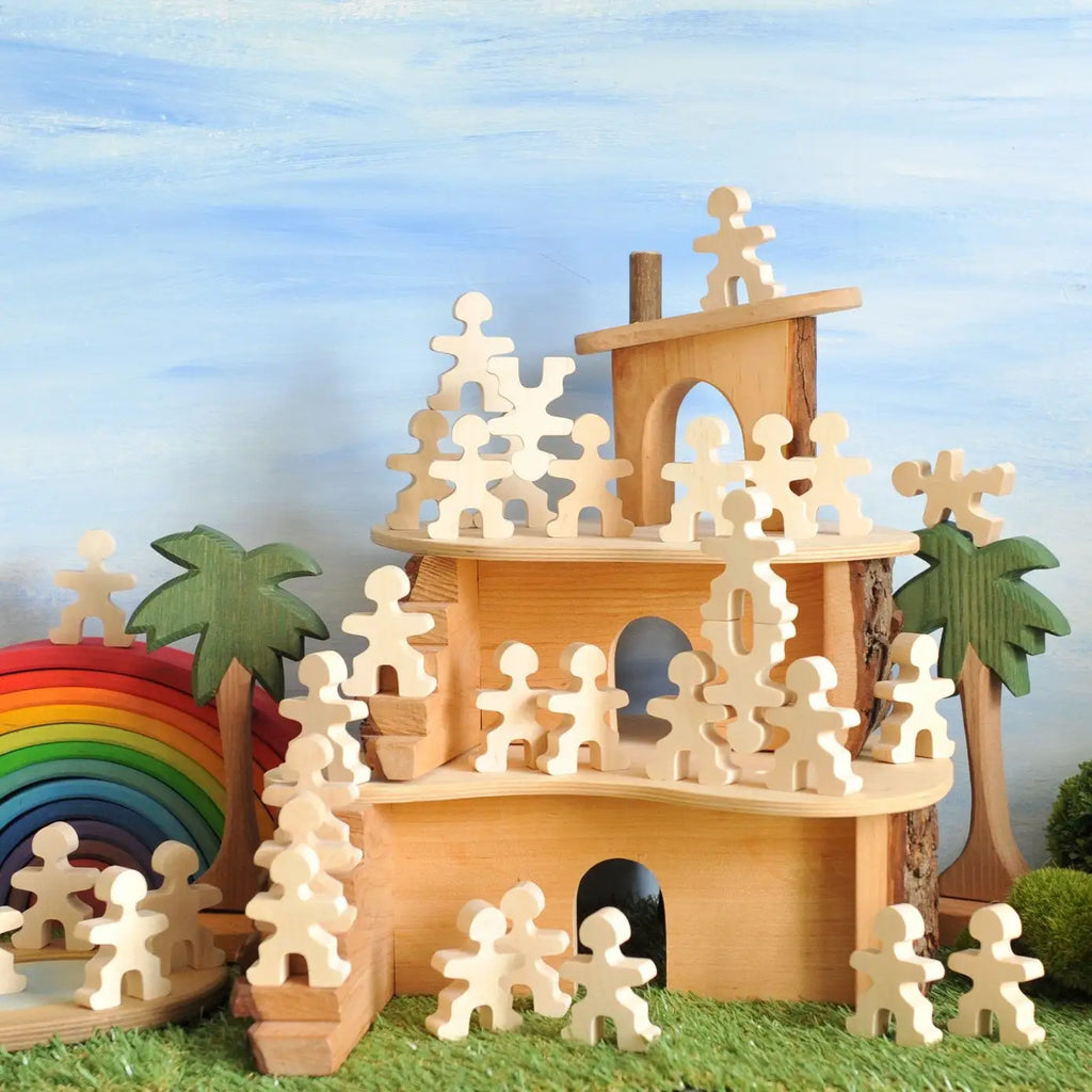 Wooden toy building with figures.